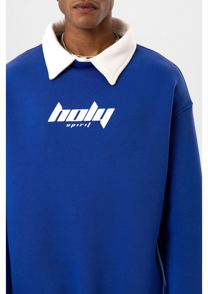 Polo Yaka Oversıze Baskılı Sweatshırt Saks