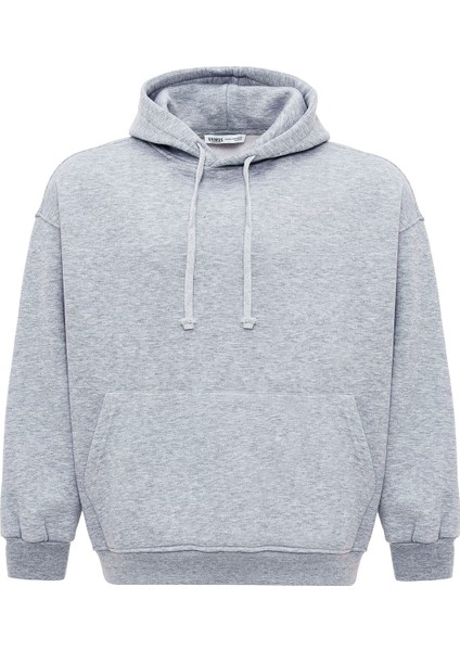 Basıc Oversıze Kapüşonlu Cep Detaylı Sweatshırt Gri Melanj