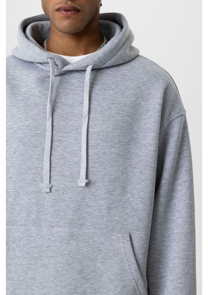 Basıc Oversıze Kapüşonlu Cep Detaylı Sweatshırt Gri Melanj