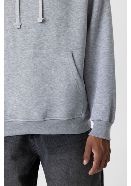 Basıc Oversıze Kapüşonlu Cep Detaylı Sweatshırt Gri Melanj