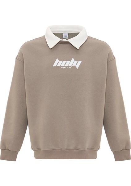 Polo Yaka Oversıze Baskılı Sweatshırt Vizon