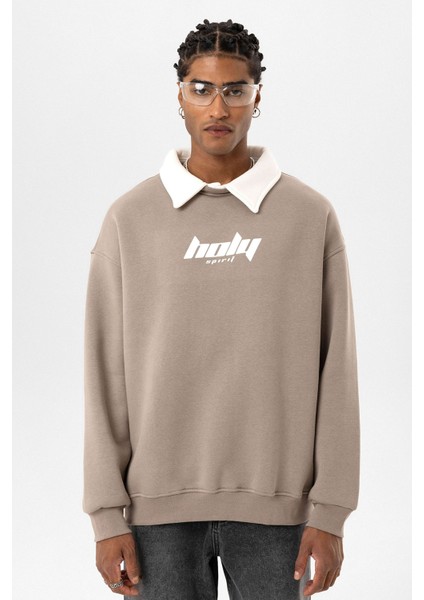 Polo Yaka Oversıze Baskılı Sweatshırt Vizon