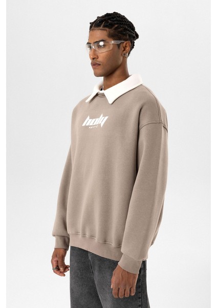 Polo Yaka Oversıze Baskılı Sweatshırt Vizon