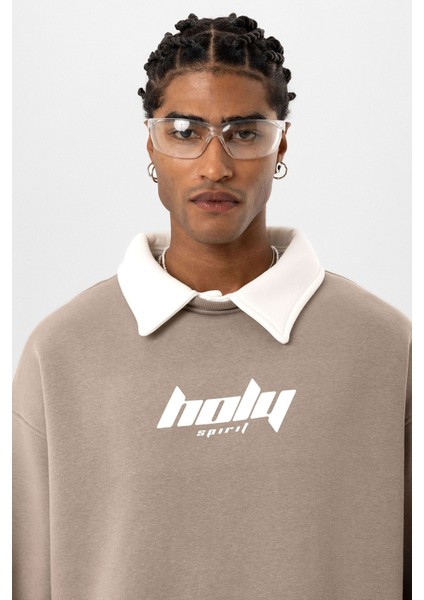 Polo Yaka Oversıze Baskılı Sweatshırt Vizon