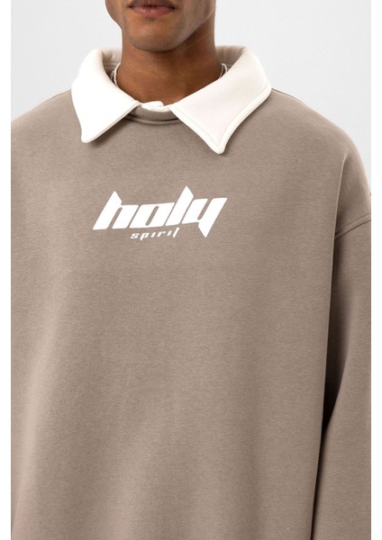 Polo Yaka Oversıze Baskılı Sweatshırt Vizon