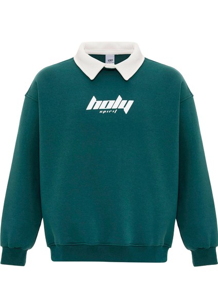 Polo Yaka Oversıze Baskılı Sweatshırt Petrol