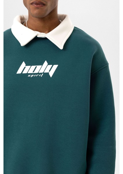 Polo Yaka Oversıze Baskılı Sweatshırt Petrol
