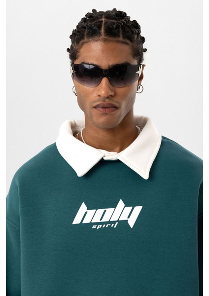 Polo Yaka Oversıze Baskılı Sweatshırt Petrol
