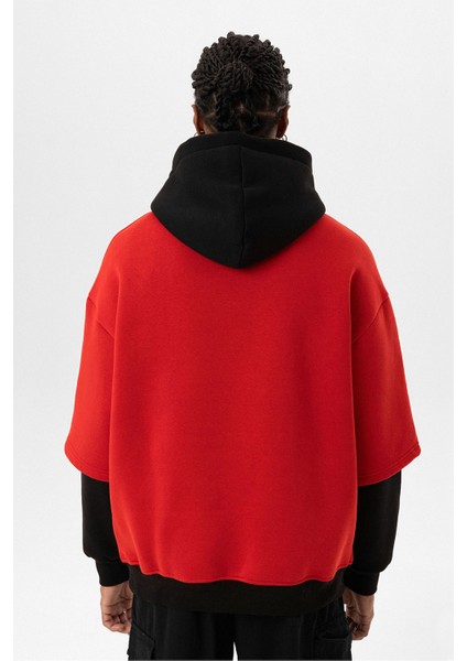 Baskılı Çift Kol Detaylı Oversıze Sweatshırt Kırmızı fırsatları