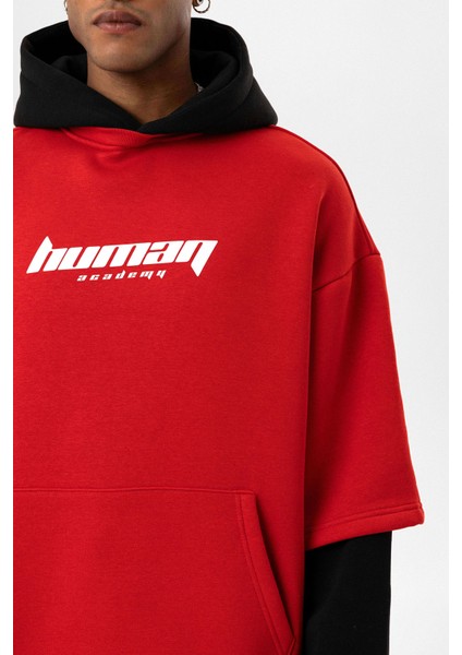 Baskılı Çift Kol Detaylı Oversıze Sweatshırt Kırmızı indirimleri