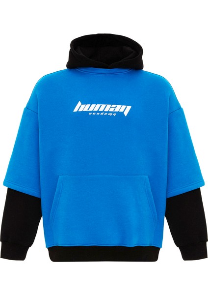 Baskılı Çift Kol Detaylı Oversıze Sweatshırt Turkuaz