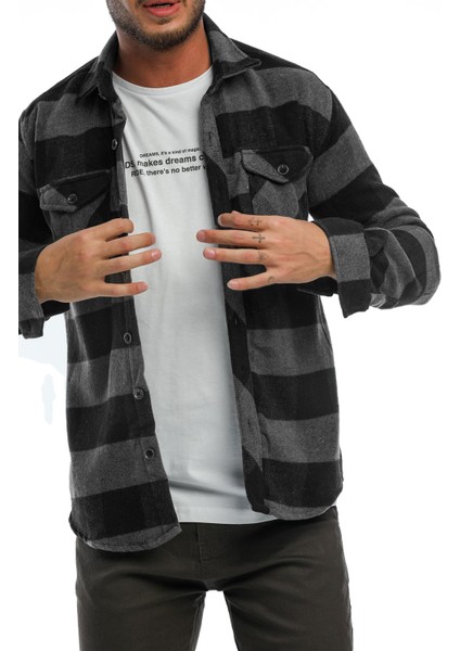 Çift Cep Kapaklı Oversize Kareli Kalın Ekose Oduncu Erkek Gömlek Ceket Shacket