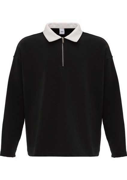 Basıc Polo Yaka Fermuar Detaylı Sweatshırt Siyah
