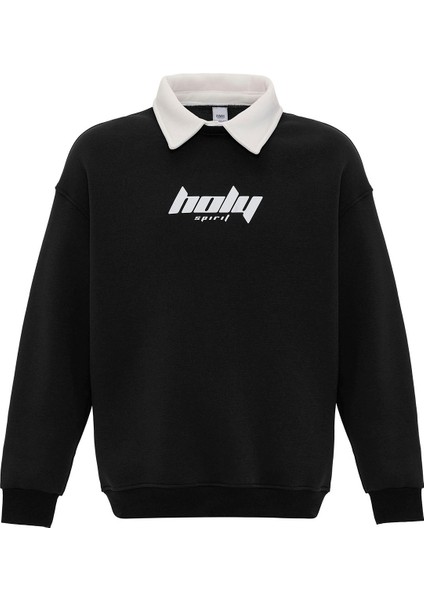 Polo Yaka Oversıze Baskılı Sweatshırt Siyah