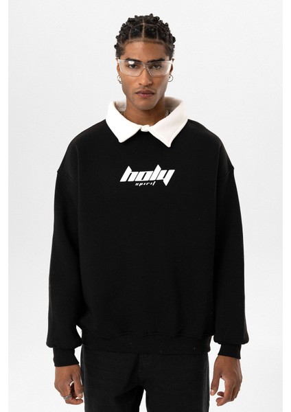 Polo Yaka Oversıze Baskılı Sweatshırt Siyah fiyatları