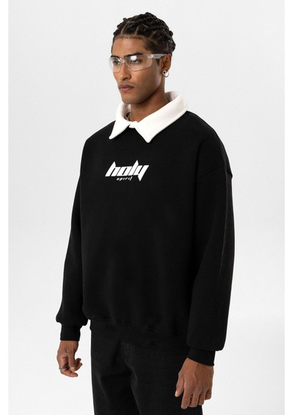 Polo Yaka Oversıze Baskılı Sweatshırt Siyah modelleri