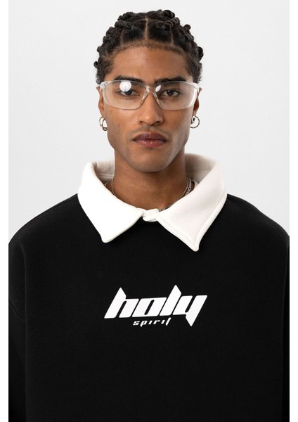 Polo Yaka Oversıze Baskılı Sweatshırt Siyah fırsatları