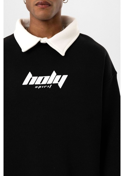 Polo Yaka Oversıze Baskılı Sweatshırt Siyah indirimleri