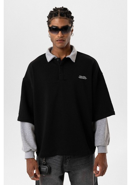 Polo Yaka Çift Kol Detaylı Oversıze Sweatsıhrt Siyah