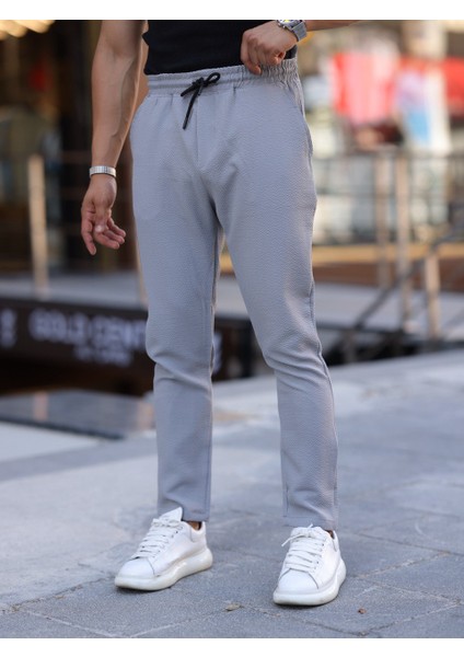 Slim Fit Bağcıklı, Beli Lastikli Düz Paça, Dokulu Erkek Jogger Pantolon