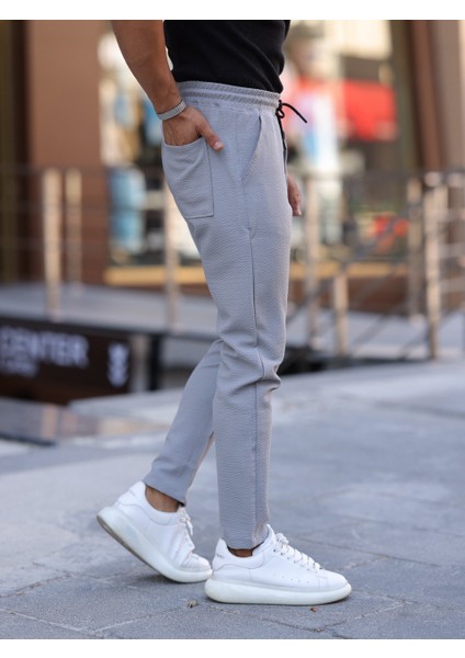 Slim Fit Bağcıklı, Beli Lastikli Düz Paça, Dokulu Erkek Jogger Pantolon fiyatları