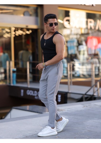 Slim Fit Bağcıklı, Beli Lastikli Düz Paça, Dokulu Erkek Jogger Pantolon modelleri