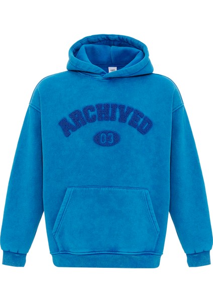 Yıkamalı Oversıze Baskılı Sweatshırt Turkuaz