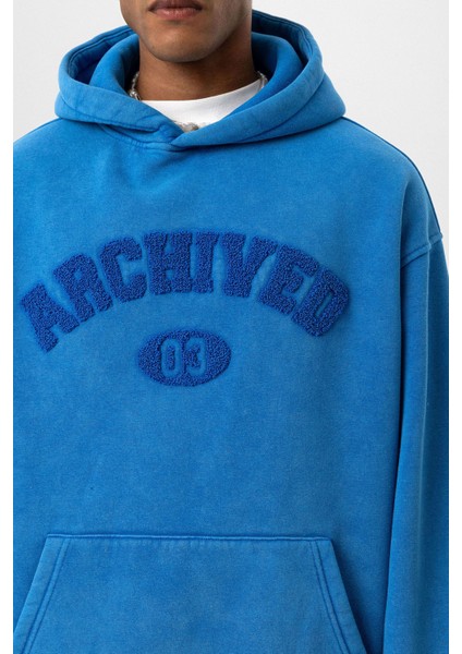 Yıkamalı Oversıze Baskılı Sweatshırt Turkuaz