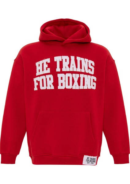 Yazı Baskılı Oversıze Kapüşonlu Sweatshırt Kırmızı