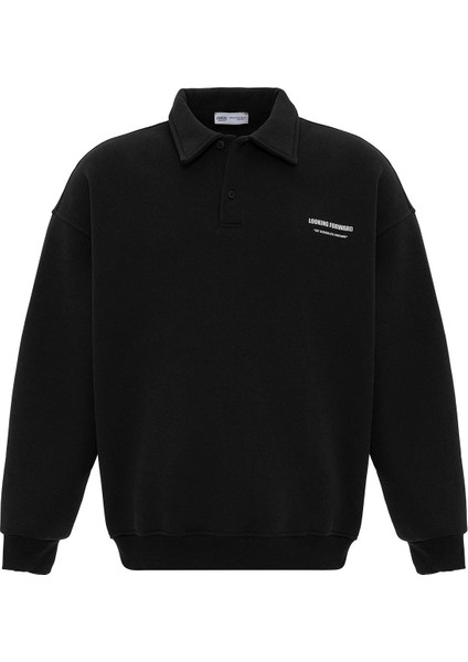 Polo Yaka Baskılı Oversıze Sweatshırt Siyah