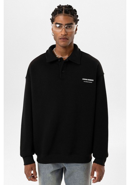 Polo Yaka Baskılı Oversıze Sweatshırt Siyah