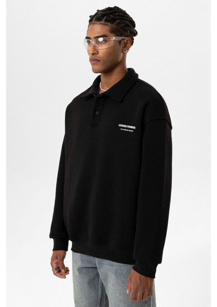 Polo Yaka Baskılı Oversıze Sweatshırt Siyah
