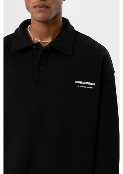 Polo Yaka Baskılı Oversıze Sweatshırt Siyah