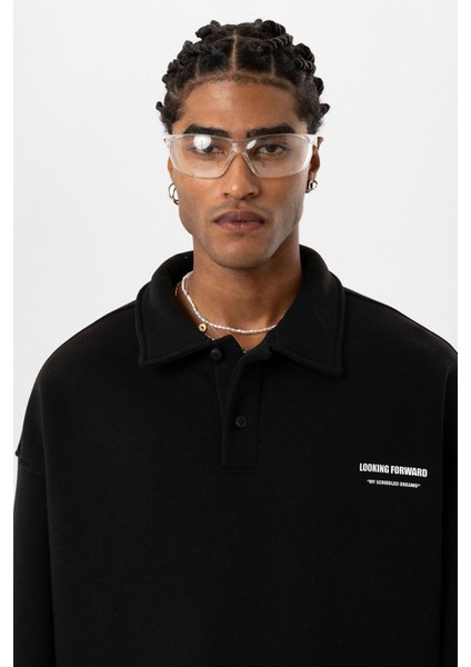 Polo Yaka Baskılı Oversıze Sweatshırt Siyah