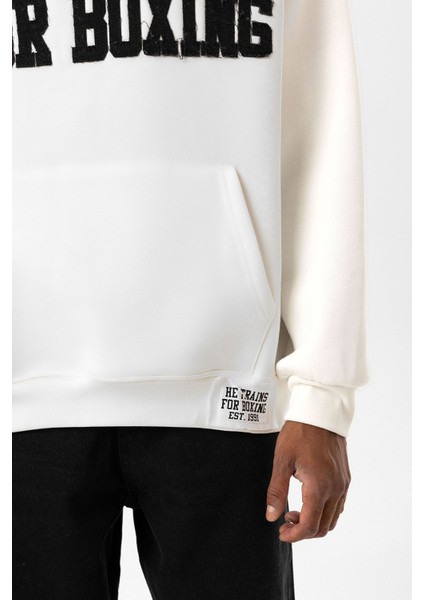 Yazı Baskılı Oversıze Kapüşonlu Sweatshırt Ekru