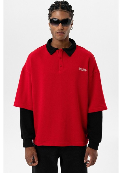 Polo Yaka Çift Kol Detaylı Oversıze Sweatsıhrt Kırmızı fiyatları