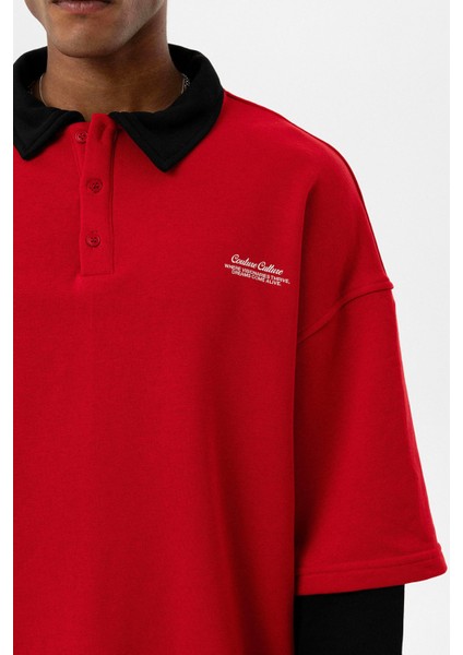 Polo Yaka Çift Kol Detaylı Oversıze Sweatsıhrt Kırmızı fırsatları