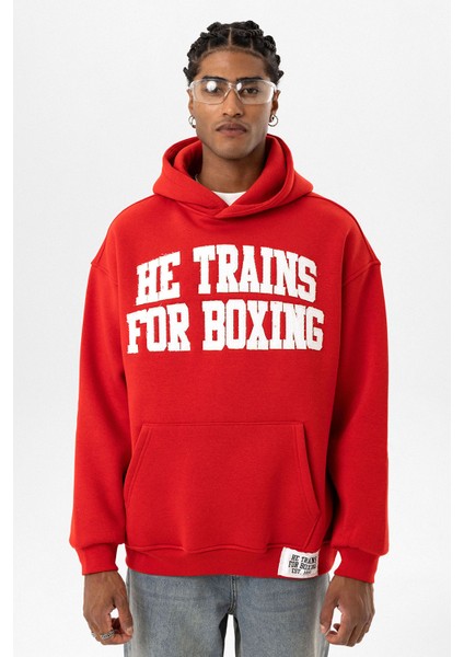 Yazı Baskılı Oversıze Kapüşonlu Sweatshırt Kırmızı