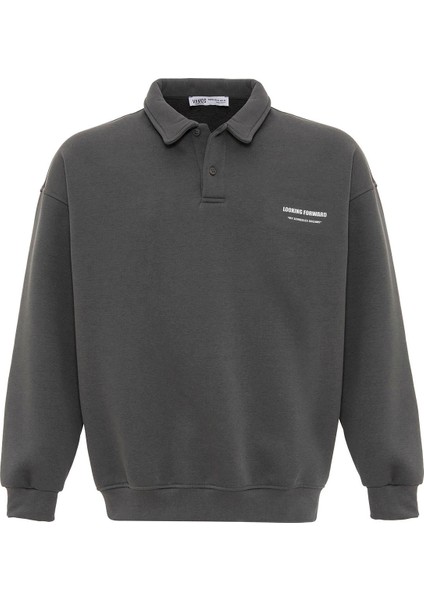 Polo Yaka Baskılı Oversıze Sweatshırt Füme