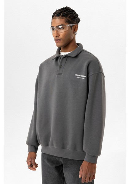 Polo Yaka Baskılı Oversıze Sweatshırt Füme