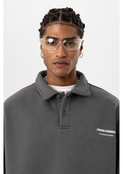 Polo Yaka Baskılı Oversıze Sweatshırt Füme