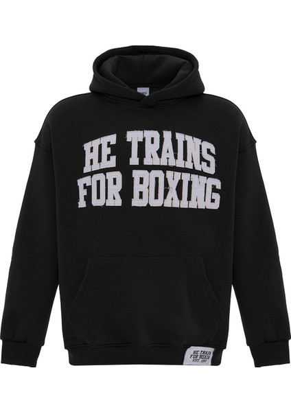 Yazı Baskılı Oversıze Kapüşonlu Sweatshırt Siyah