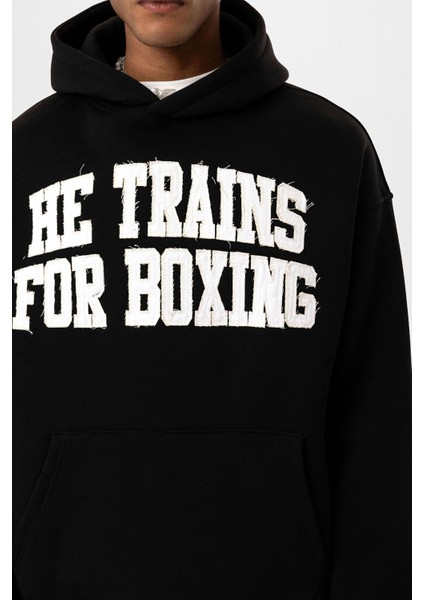 Yazı Baskılı Oversıze Kapüşonlu Sweatshırt Siyah indirimleri