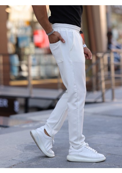Slim Fit Bağcıklı, Beli Lastikli Düz Paça, Dokulu Erkek Jogger Pantolon