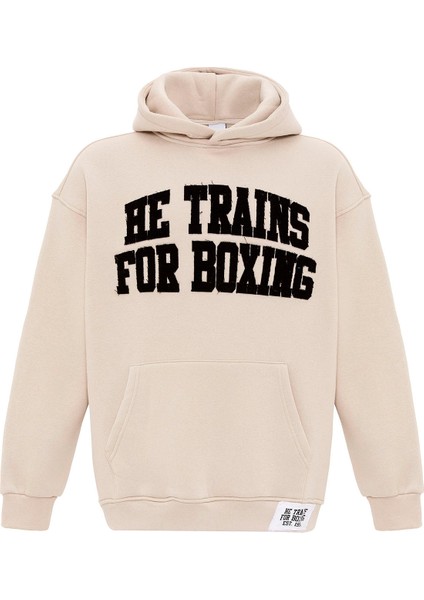 Yazı Baskılı Oversıze Kapüşonlu Sweatshırt Taş