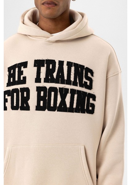 Yazı Baskılı Oversıze Kapüşonlu Sweatshırt Taş indirimleri