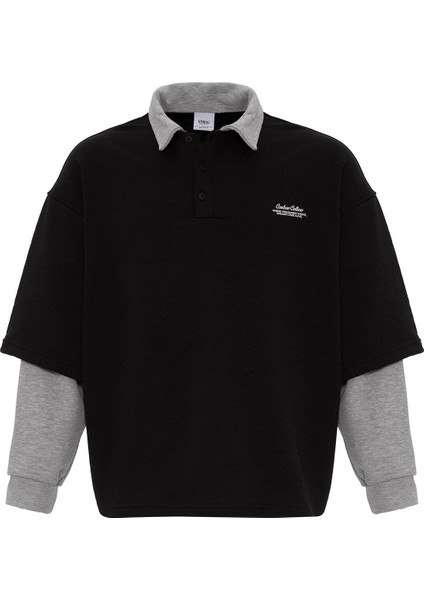 Polo Yaka Çift Kol Detaylı Oversıze Sweatsıhrt Siyah