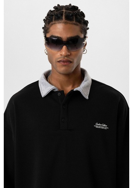 Polo Yaka Çift Kol Detaylı Oversıze Sweatsıhrt Siyah fırsatları