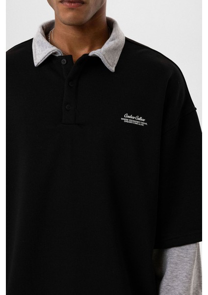 Polo Yaka Çift Kol Detaylı Oversıze Sweatsıhrt Siyah indirimleri