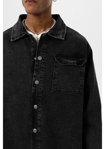 Basıc Oversıze Tek Cep Detaylı Denım Ceket Siyah indirimleri